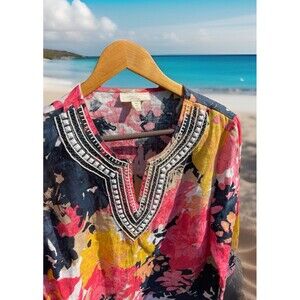 Linen Charter Club Luxury Embellished Tunic Colorful Beach Ladies Medium